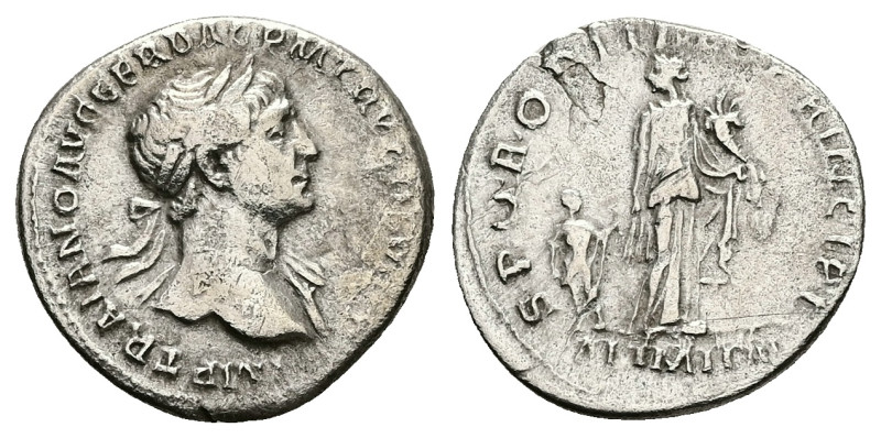 Trajan, AD 98-117. AR, Denarius. 3.05 g. 18.99 mm. Rome.
Obv: IMP TRAIANO AVG GE...