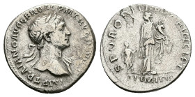 Trajan, AD 98-117. AR, Denarius. 3.05 g. 18.99 mm. Rome.
Obv: IMP TRAIANO AVG GER DAC P M TR P COS VI P P. Bust of Trajan, laureate, draped on left sh...