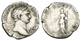 Trajan, AD 98-117. AR, Denarius. 3.15 g. 18.90 mm. Rome.
Obv: IMP TRAIANO AVG GER DAC P M TR P. Bust of Trajan, laureate, right; draped on left should...