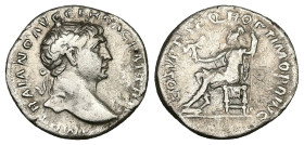 Trajan, AD 98-117. AR, Denarius. 3.15 g. 19.48 mm. Rome.
Obv: IMP TRAIANO AVG GER DAC P M TR P. Bust of Trajan, laureate, right.
Rev: COS V P P S P Q ...
