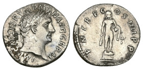 Trajan, AD 98-117. AR, Denarius. 2.52 g. 19.15 mm. Rome.
Obv: IMP CAES NERVA TRAIAN AVG GERM. Head of Trajan, laureate, right.
Rev: P M TR P COS IIII ...