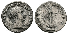 Trajan, AD 98-117. AR, Denarius. 2.73 g. 18.41 mm. Rome.
Obv: IMP CAES NERVA TRAIAN AVG GERM: Bust of Trajan, laureate, right; draped on left shoulder...