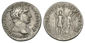 Trajan, AD 98-117. AR, Denarius. 2.97 g. 17.39 mm. Rome.
Obv: IMP TRAIANO AVG GER DAC P M TR P COS V P P. Bust of Trajan, laureate, right.
Rev: S P Q ...