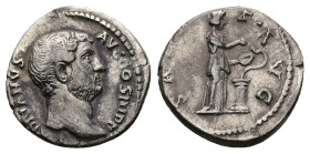 Hadrian, AD 117-138. AR, Denarius. 2.72 g. 17.76 mm. Rome.
Obv: HADRIANVS AVG COS III P P. Head of Hadrian, right.
Rev: SALVS AVG. Salus standing righ...