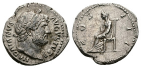 Hadrian, AD 117-138. AR, Denarius. 3.00 g. 19.30 mm. Rome.
Obv: HADRIANVS AVGVSTVS. Head of Hadrian, laureate, right.
Rev: COS III. Pudicitia, veiled,...