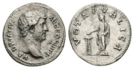 Hadrian, AD 117-138. AR, Denarius. 2.90 g. 17.88 mm. Rome.
Obv: HADRIANVS AVG COS III P P. Head of Hadrian, right.
Rev: VOTA PVBLICA. Hadrian standing...
