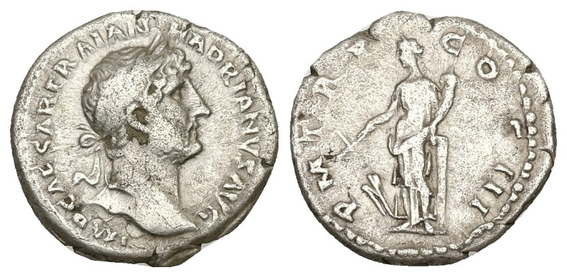 Hadrian, AD 117-138. AR, Denarius. 3.32 g. 18.93 mm. Rome.
Obv: IMP CAESAR TRAIA...