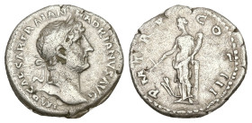 Hadrian, AD 117-138. AR, Denarius. 3.32 g. 18.93 mm. Rome.
Obv: IMP CAESAR TRAIAN HADRIANVS AVG. Bust of Hadrian, laureate, right; drapery on left sho...