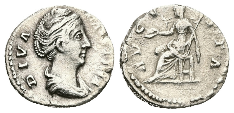 Diva Faustina I, AD 140-141. AR, Denarius. 2.36 g. 17.48 mm. Rome.
Obv: DIVA FAV...