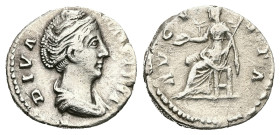 Diva Faustina I, AD 140-141. AR, Denarius. 2.36 g. 17.48 mm. Rome.
Obv: DIVA FAVSTINA. Bust of Faustina I, draped, right, hair elaborately waved in se...