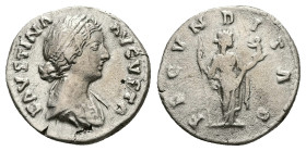 Faustina II, AD 147-175. AR, Denarius. 3.44 g. 18.59 mm. Rome.
Obv: FAVSTINA AVGVSTA. Bust of Faustina II, bare-headed, hair waved and fastened in a b...