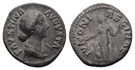 Faustina II, AD 147-175. AR, Denarius. 2.74 g. 18.14 mm. Rome.
Obv: FAVSTINA AVGVSTA. Bust of Faustina II, wearing circlet of pearls, hair waved and f...