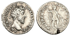 Marcus Aurelius, AD 161-180. AR, Denarius. 2.70 g. 17.90 mm. Rome.
Obv: ANTONINVS AVG ARMENIACVS. Head of Marcus Aurelius, laureate, right.
Rev: P M T...