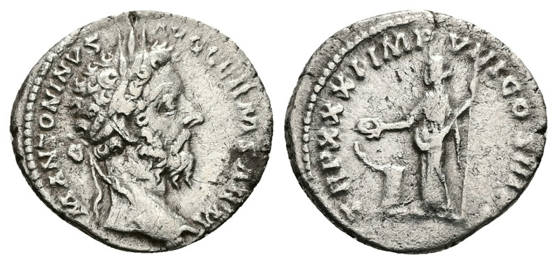 Marcus Aurelius, AD 161-180. AR, Denarius. 2.66 g. 19.24 mm. Rome.
Obv: M ANTONI...