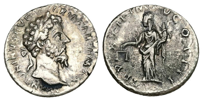 Marcus Aurelius, AD 161-180. AR, Denarius. 2.67 g. 18.63 mm. Rome.
Obv: M ANTONI...