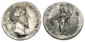 Marcus Aurelius, AD 161-180. AR, Denarius. 2.67 g. 18.63 mm. Rome.
Obv: M ANTONINVS AVG ARM PARTH MAX. Head of Marcus Aurelius, laureate, right.
Rev: ...