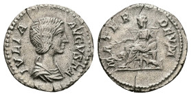 Julia Domna, AD 193-217. AR, Denarius. 3.25 g. 19.06 mm. Rome.
Obv: Bust of Julia Domna, hair waved and coiled at back, draped, right.
Rev: MATER DEVM...