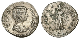 Julia Domna, AD 193-217. AR, Denarius. 3.06 g. 19.41 mm. Rome.
Obv: IVLIA AVGVSTA. Bust of Julia Domna, hair waved and coiled at back, draped, right.
...