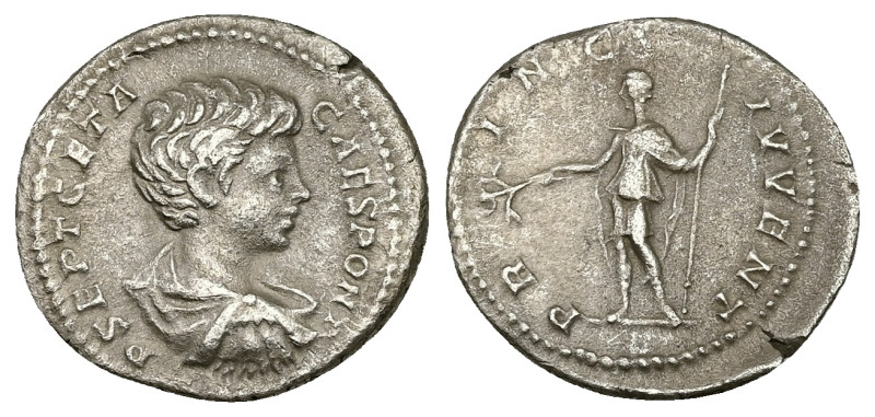 Geta as Caesar, AD 198-209. AR, Denarius. 2.84 g. 19.74 mm. Rome.
Obv: P SEPT GE...