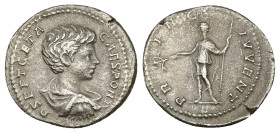 Geta as Caesar, AD 198-209. AR, Denarius. 2.84 g. 19.74 mm. Rome.
Obv: P SEPT GETA CAES PONT. Bust of Geta, bare-headed, draped, cuirassed, right.
Rev...