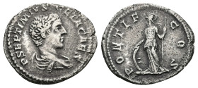 Geta as Caesar, AD 198-209. AR, Denarius. 2.88 g. 20.75 mm. Rome.
Obv: P SEPTIMIVS GETA CAES. Bust of Geta, bare-headed, draped, right.
Rev: PONTIF ...