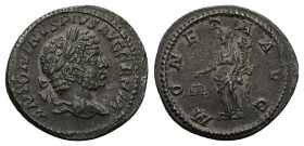 Caracalla, AD 198-211. AR, Denarius. 1.97 g. 20.04 mm. Rome.
Obv: ANTONINVS PIVS AVG BRIT. Head of Caracalla, laureate, bearded, right.
Rev: MONETA AV...