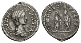 Plautilla, AD 202-205. AR, Denarius. 3.03 g. 19.08 mm. Rome.
Obv: PLAVTILLA AVGVSTA. Bust of Plautilla, hair firmly waved and drawn down on neck, drap...