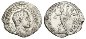 Elagabalus, AD 218-222. AR, Denarius. 3.16 g. 20.37 mm. Rome.
Obv: IMP ANTONINVS PIVS AVG. Bust of Elagabalus, laureate and draped, right.
Rev: P M TR...