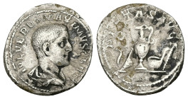 Maximus as Caesar, AD 235-238. AR, Denarius. 2.79 g. 20.64 mm. Rome.
Obv: IVL VERVS MAXIMVS CAES. Bust of Maximus, bare-headed, draped, right.
Rev: PI...