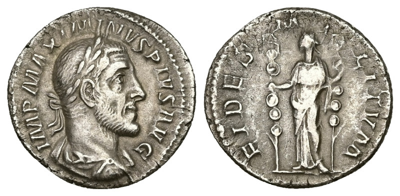 Maximinus Thrax, AD 235-238. AR, Denarius. 2.53 g. 19.12 mm. Rome.
Obv: IMP MAXI...