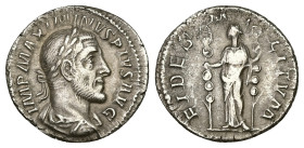Maximinus Thrax, AD 235-238. AR, Denarius. 2.53 g. 19.12 mm. Rome.
Obv: IMP MAXIMINVS PIVS AVG. Bust of Maximinus I, laureate, draped, cuirassed, righ...