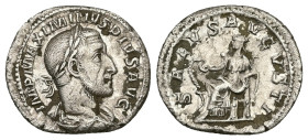 Maximinus Thrax, AD 235-238. AR, Denarius. 2.42 g. 20.01 mm. Rome.
Obv: IMP MAXIMINVS PIVS AVG. Bust of Maximinus I, laureate, draped, cuirassed, righ...