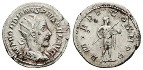 Gordian III, AD 238-244. AR, Antoninianus. 3.75 g. 22.71 mm. Rome.
Obv: IMP GORDIANVS PIVS FEL AVG. Bust of Gordian III, radiate, draped, cuirassed, r...