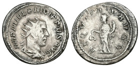 Philip I, AD 244-249. AR, Antoninianus. 4.61 g. 24.31 mm. Antioch.
Obv: IMP M IVL PHILIPPVS AVG. Bust of Philip, laureate, draped, cuirassed, right.
R...