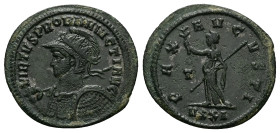 Probus, AD 276-282. AE, Antoninianus. 3.04 g. 24.12 mm. Ticinum.
Obv: VIRTVS PROBI INVICTI AVG. Bust of Probus, helmeted, radiate, cuirassed, left, ho...