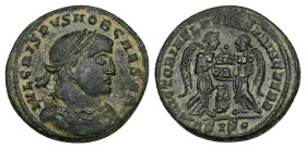Crispus as Caesar, AD 317-326. AE, Follis. 3.48 g. 20.49 mm. Siscia.
Obv: IVL CRISPVS NOB CAESAR. Bust of Crispus, laureate, draped, cuirassed, right....