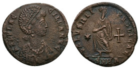 Aelia Flaccilla, AD 379-388. AE. 4.95 g. 22.85 mm. Heraclea.
Obv: AEL FLACCILLA AVG. Bust of Aelia Flacilla, with elaborate head-dress, draped, neckla...