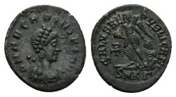 Arcadius, AD 383-408. AE. 1.25 g. 14.73 mm. Kyzikos.
Obv: D N ARCADIVS P F AVG. Bust of Arcadius, pearl-diademed, draped and cuirassed, right.
Rev: SA...