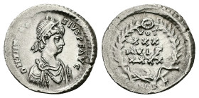 Theodosius II, AD 402-450. AR, Siliqua. 1.76 g. 17.81 mm. Constantinople.
Obv: D N THEODOSIVS P F AVG. Bust of Theodosius II, pearl-diademed, draped, ...