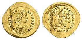 Theodosius II, AD 402-450. AV, Tremissis. 1.48 g. 15.63 mm. Constantinople.
Obv: D N THEODO-SIVS P F AVG. Bust of Theodosius II, pearl-diademed, drape...