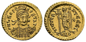 Leo I, AD 457-474. AV, Solidus. 4.47 g. 21.07 mm. Constantinople.
Obv: D N LEO PE-RPET AVG: Bust of Leo I, helmeted, pearl-diademed, cuirassed, facing...