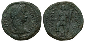 Trace, Coela. Gallien, AD 253–268. AE. 6.27 g. 21.68 mm.
Obv: IMP GALLIHN. Laureate head of Gallien, right.
Rev: AEL MVNICIP CO[EL]. Artemis standing ...