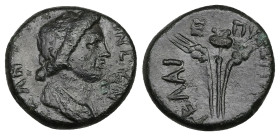 Aeolis, Elaea. Pseudo-autonomous, c. AD 63–68. AE. 5.19 g. 19.31 mm. Reign of Nero. Magistrate, Epagathos.
Obv: [ΘΕ]ΟΝ ΣΥΝΚΛΗ[ΤΟΝ]. Draped bust of Sen...