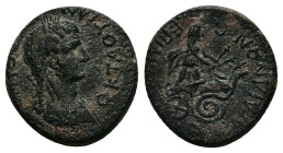 Lydia, Sardes. Claudia Octavia AD 54-62. AE. 4.50 g. 17.48 mm. Mindios, strategos for the second time.
Obv: [ΘΕΑΝ] ΟΚΤΑΟΥΙΑΝ. Draped bust of Claudia O...