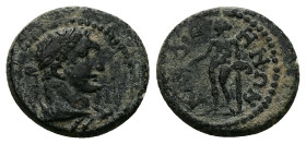 Phrygia, Cadi. Pseudo-autonomous, AD 198–268. AE. 2.97 g. 15.35 mm.
Obv: Laureate head of Herakles, r., lionskin knotted around neck.
Rev: KAΔOHNΩN. A...