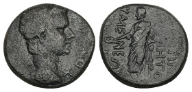 Phrygia, Eumenea. Tiberius, AD 14-37. AE. 4.76 g. 18.81 mm. Cleon Agapatus, magistrate.
Obv: CƐΒΑϹΤΟϹ. Laureate head of Tiberius (?), right.
Rev: ΚΛΕΩ...
