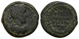 Syria, Germanicia Caesarea. Commodus, c. AD 188–192. AE. 10.00 g. 25.17 mm.
Obv: ΑVΤ ΚΑΙ ΑV ΚΟΜΟΔΟΝ ϹƐ. Laureate-headed bust of Commodus wearing cuira...