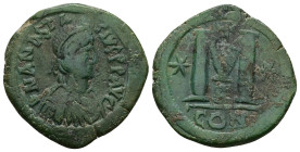 Anastasius I, AD 491-518. AE, Follis. 16.24 g. 33.08 mm. Constantinople.
Rev: DNANASTA-SIVSPPAVC. Bust of Anastasius I facing right with diadem, cuira...