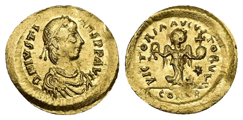 Justin II, AD 565-578. AV, Tremissis. 1.45 g. 15.27 mm. Constantinople.
Obv: DNI...