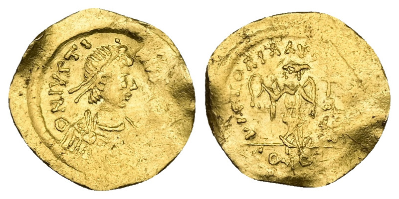 Justin II, AD 565-578. AV, Tremissis. 1.49 g. 15.76 mm. Constantinople.
Obv: DNI...